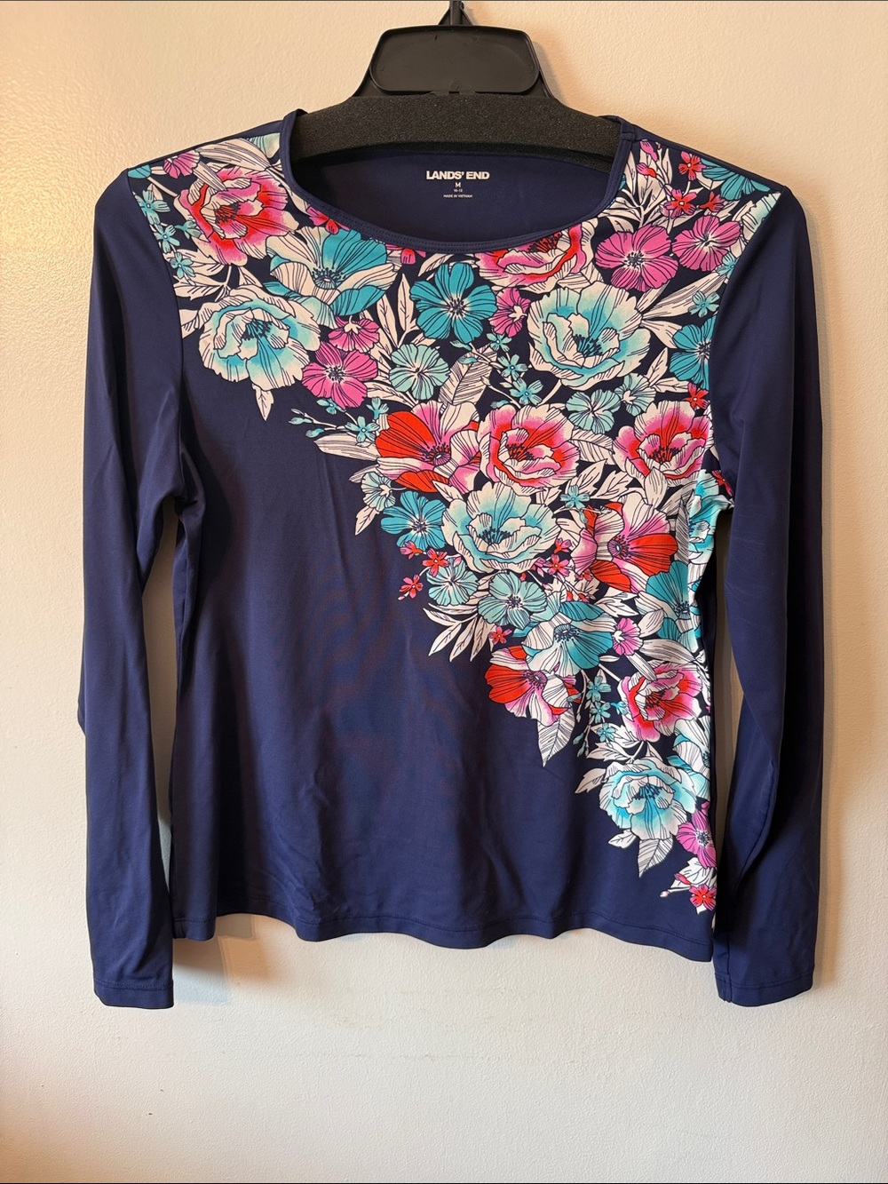 LANDS' END Crew Neck Rash Guard Swim Tee Blue Blossom Floral UPF 50 Size M